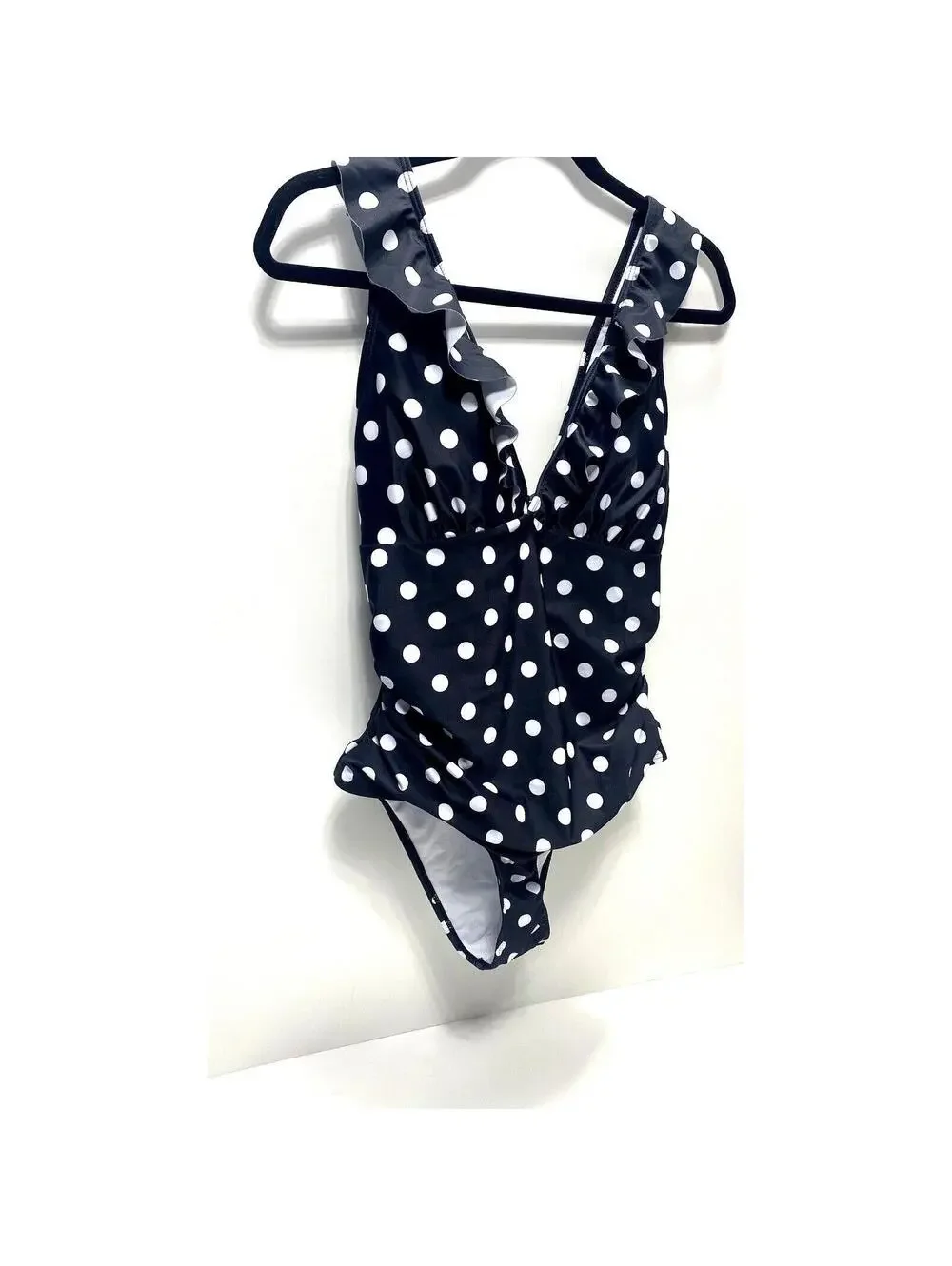 NEW Large Women’s Black White Polka Dot V-Neck One Piece Bathing Suit